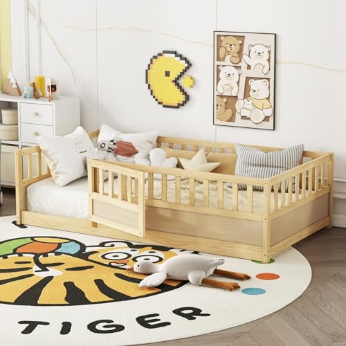Montessori Wooden Floor Bed Frame, Integrated Kids Sleeping Bed with Safety Barrier and Access Door, Sturdy Pine Bedroom Furniture for Children Daily Rest (Natural,78 * 41'' +Support Plate)