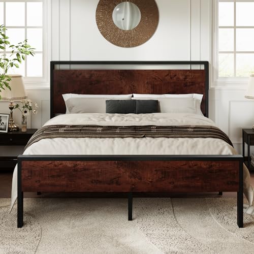 Queen Size Bed Frame, Heavy Duty 12 Metal Slats Support, Mahogany, view 2