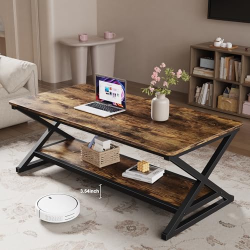 Rustic Brown Rectangle Coffee Table for Living Room, 47" Farmhouse Minimalist Wooden Metal 2 Tier Center Tables with Storage Shelf, 350lbs Load Capacity, Easy Assembly