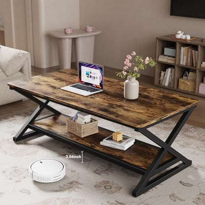 Rustic Brown Rectangle Coffee Table for Living Room, 47" Farmhouse Minimalist Wooden Metal 2 Tier Center Tables with Storage Shelf, 350lbs Load Capacity, Easy Assembly
