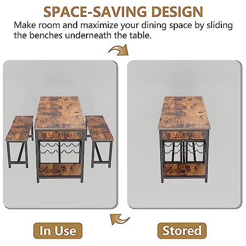 Dining Table Set for 4-6 People, 54.7" Kitchen Dinner Table with 2 Bench, Dining Room Tables Set with Storage Drawer & Shelf, 3-Piece Breakfast Nook Tables with Wine Rack &Glass Holder (Rustic)