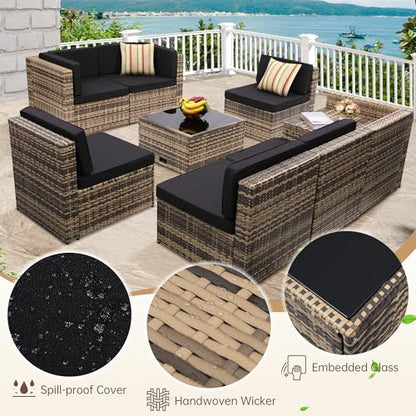 8 Piece Patio Furniture Set, Outdoor Modular Conversation Set, Black | UV Treated Wickers, Machine Washable Cushions, Seats 6, 2 Hidden Storage Compartments, Rustproof Frame, Waterproof