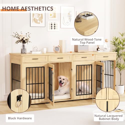 87"Dog Crate Furniture for 2 Dogs, Double Dog Cage Furniture,Natural, view 6