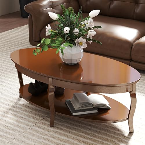 Coffee Table with Storage Oval Solid Wood Coffee Table Antique Farmhosue Living Room Table Rustic Center Table for Living Room Guest Room Reception Room Waiting Room, Brown Walnut Color