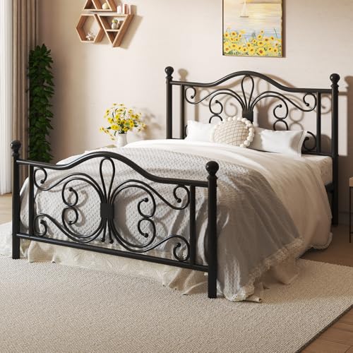 Full Bed Frame with Butterfly Pattern Design Headboard & Headboard, Black, view 4