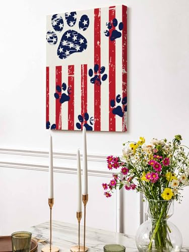 NuYeBiofx Retro Paw Prints Red Stripe Burlap Canvas Wall Art Prints,48"x32" Framed Picture Artwork 4th of July Patriotic Flag Printed Canvas Oil Painting for Living Room Bedroom Office,Ready to Hang