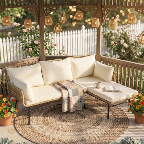 3 Pieces Boho Patio Furniture Set with Comfortable Cushion, Wicker Outdoor Sectional Sofa, L-Shape Lounge Conversation Set for Balcony Porch Backyard Deck, Beige