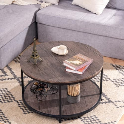 Round Coffee Table, 30" Rustic Coffee Table,Cocktaile Table with 2-Tier Wooden Storage Shelf, Modern Living Room Furniture, Brown