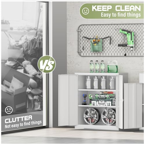 36” Metal Storage Cabinet, Locking Steel Storage Cabinet with 2 Doors and 2 Adjustable Shelves, Small Lockable Tool Storages Cabinet for Garage, Home, Office (White)