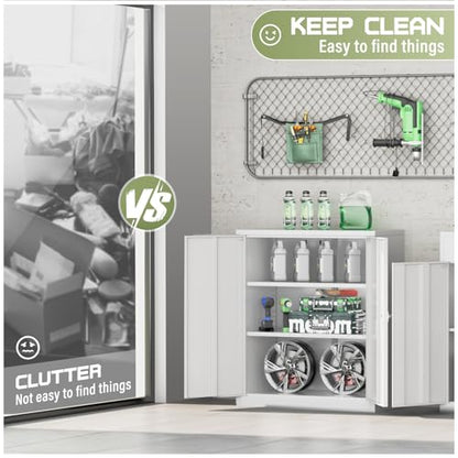 36” Metal Storage Cabinet, Locking Steel Storage Cabinet with 2 Doors and 2 Adjustable Shelves, Small Lockable Tool Storages Cabinet for Garage, Home, Office (White)