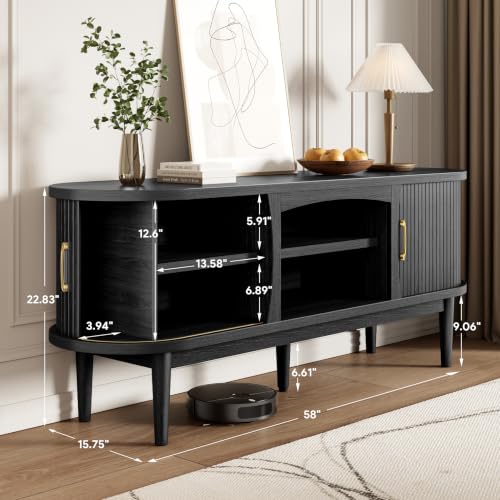 58" Fluted TV Stand, Mid Century Modern Entertainment Center, Black, view 3