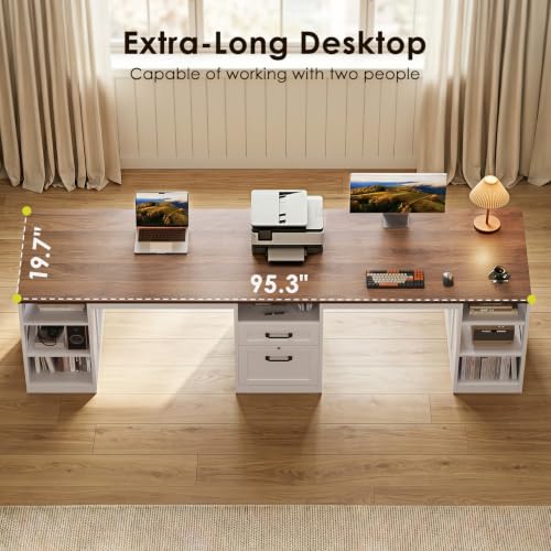 Farmhouse 95.3 Inch Two Person Computer Desk, Walnut+ White, view 6