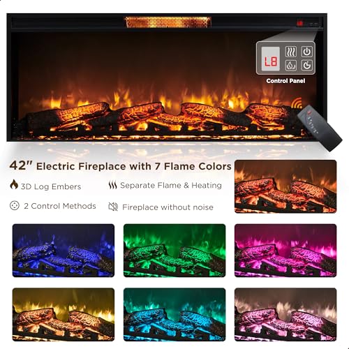70" Farmhouse Fireplace TV Stand for TVs Up to 80", Reclaimed Barnwood | 42" Electric Fireplace, Color Changing Flame, 2 Open Cubbies, 2 Spacious Drawers, LED Glass Door Cabinets, Retro Handles