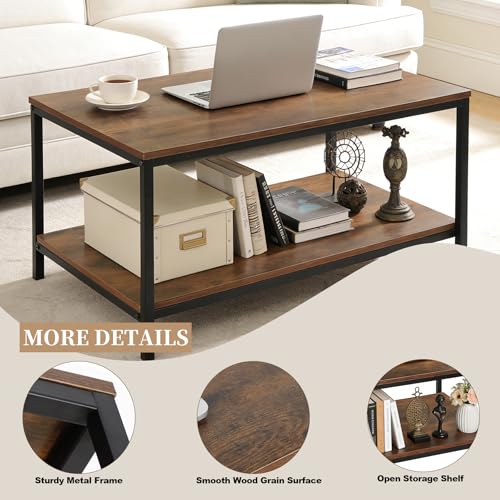 Industrial Coffee Table with Storage Shelf for Living Room, Wood Look Accent Furniture with Vintage Wooden Board Stable Metal Frame Cocktail Table 2-Tier Tea Table, Rustic Brown