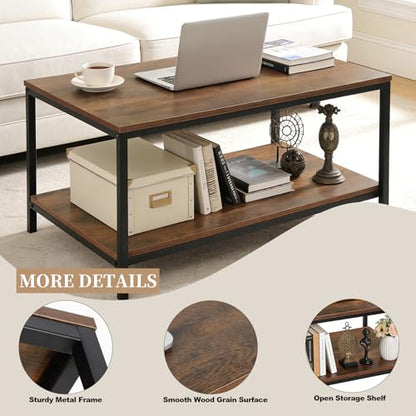 Industrial Coffee Table with Storage Shelf for Living Room, Wood Look Accent Furniture with Vintage Wooden Board Stable Metal Frame Cocktail Table 2-Tier Tea Table, Rustic Brown