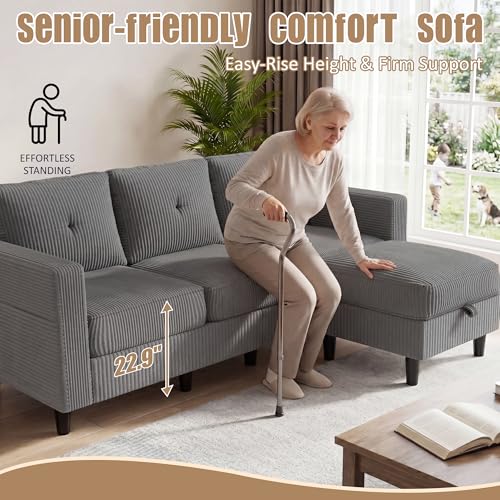 Convertible Sectional Sofa with Storage Ottoman, 77” L-Shaped 3-Seat Couch with Skin-Friendly Corduroy Fabric, Reversible Small Sectional for Small Space, Apartment, Living Room and Office(Dark Grey)