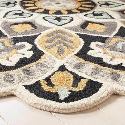 SAFAVIEH Novelty Collection Area Rug - 4' Round, Ivory & Black, Handmade Wool, Flower Design, Ideal for High Traffic Areas in Living Room, Bedroom, Dining (NOV604Z-4R)
