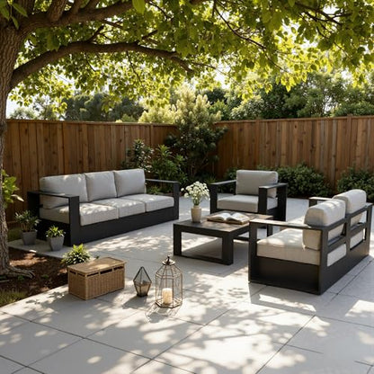 Oversized Aluminum Outdoor Furniture Set, 5 Piece Patio Sofa Sets with Coffee Table, Deep Seating and Upgraded 6-inch Cushions for Porch, Balcony, Deck