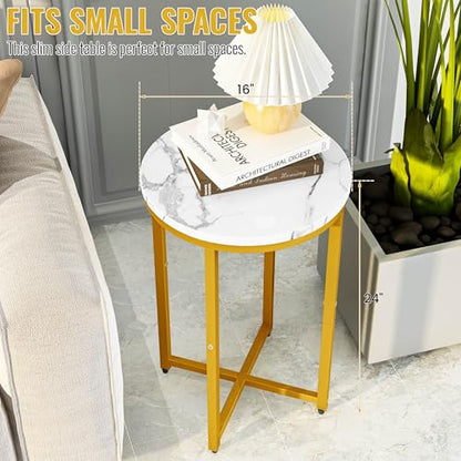 Modern Gold Side Table Set of 2, Small Coffee Table Round End Table with Gold Frame, Faux Marble Side Table Bedside Table for Living Room, Bedroom, Small Space, 16" D*24" H