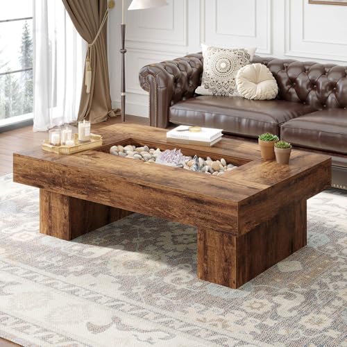Rustic Coffee Table, Large Wood Living Room Table with Storage, Modern Long Rectangle Led Center Table, Farmhouse Unique Low Wide Tea Table with LED Light for Home Office, 47.24 in, Rustic Brown