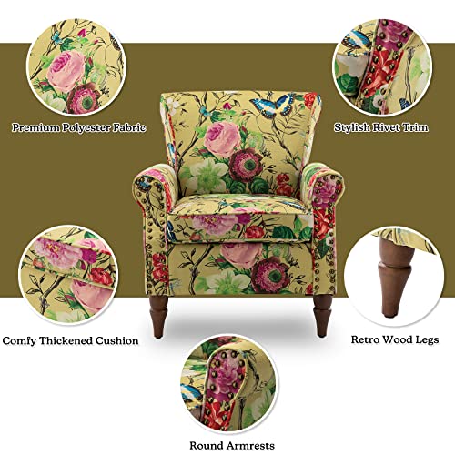 Modern Wingback Accent Chair with Wood Legs & Removable Cushion, Comfy Upholstered Armchair with Nailhead Trim, Floral Pattern Single Sofa Chair for Living Room Bedroom, Mustard