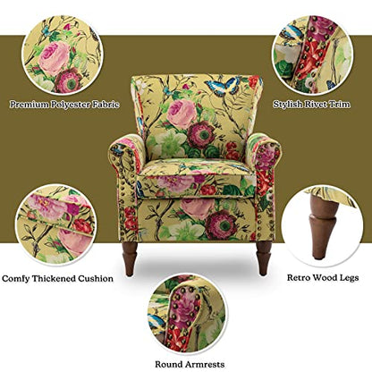 Modern Wingback Accent Chair with Wood Legs & Removable Cushion, Comfy Upholstered Armchair with Nailhead Trim, Floral Pattern Single Sofa Chair for Living Room Bedroom, Mustard