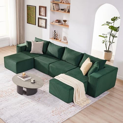 Cloud Couch Sectional, Modular Sofa with Deep Seat, Plush Corduroy U Shaped Boneless Couch, Convertible Sectional Couches for Living Room (Green, 4 Seater & 2 Ottomans)