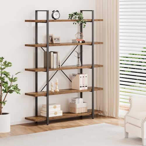Rustic Wood Bookshelf, 5 Shelf Bookcases with Storage, Rustic Brown, view 4