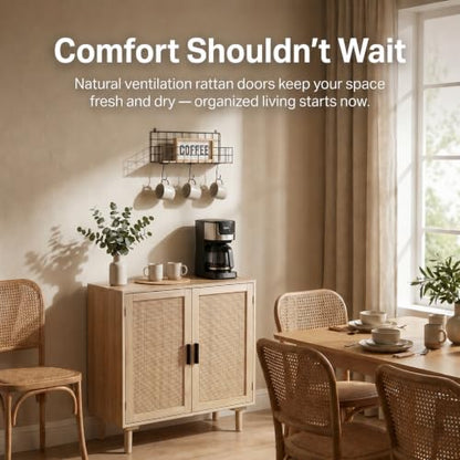 Sideboard Buffet Cabinet, Kitchen Storage Sideboard with Rattan Decorated Doors, Liquor Coffee Buffet, Dining Room, Hallway, Console Table, Accent Cabinet, 31.5X 15.8X 34.6 Inches, Natural