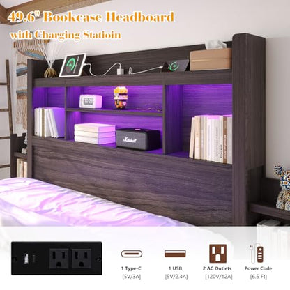 King Size Bed Frame with Bookcase Headboard & Storage, Black, view 5