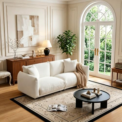 87.4" Oversized Couch, Comfy Mid Century Modern Couch for Living Room, 3-Seater Deep Seat Teddy Sherpa Couch with Metal Legs & 2 Pillows, Cream White Oversized Loveseat Sofa for Apartment, Office