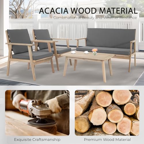 Outdoor Patio Furniture, 4 Piece Acacia Wood Sofa Set w/Coffee Table, Patio Table and Chairs Set for Deck, Balcony, Backyard (Light Natural)
