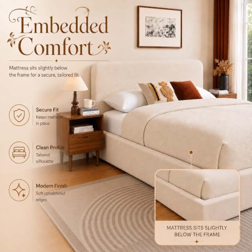 Queen Size Upholstered Bed Frame with Headboard, Cloud Boucle Bed Frame, view 6