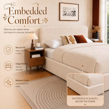 Queen Size Upholstered Bed Frame with Headboard, Cloud Boucle Bed Frame, view 6