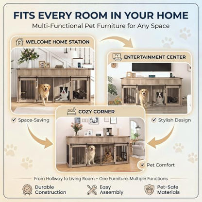 71" XXL Double Dog Crate TV Stand for Large Dogs, Wooden Kennel (Grey Oak), view 7