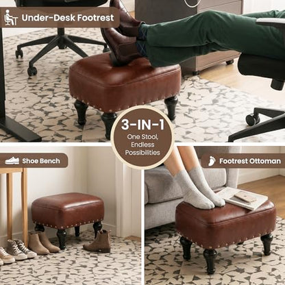 Ottoman Leather Footrest,Vintage Footstool,Thickened Foam Upholstered Seat,Wooden Leg Foot Rest,Under Desk Shoe Bench Small Bench for Living Room Dining Room(Bronw)