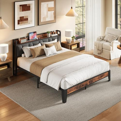 Queen Bed Frame, Storage Headboard with Charging Station, Solid and Stable, view 4
