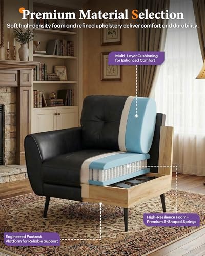 Black Leather Accent Chairs Set of 2, Tufted Reading Chairs for Living Room | Faux Leather Upholstery, Leather Armchairs, Mid-Century Modern, Tufted Design, Office, Bedroom, Salon, Reception
