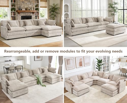 Oversized Modular Sectional Sofa, 7 Seater Deep Seat Cloud Couch Sectional | Chenille Corner Couch | 7 Pillows, 2 Ottomans | Sectional Couches for Spacious Living Room, Large Families| Light Camel