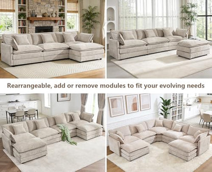 Oversized Modular Sectional Sofa, 7 Seater Deep Seat Cloud Couch Sectional | Chenille Corner Couch | 7 Pillows, 2 Ottomans | Sectional Couches for Spacious Living Room, Large Families| Light Camel