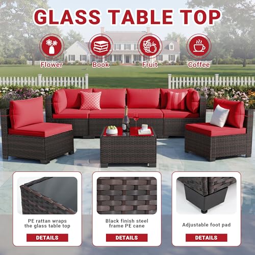7-Piece Outdoor Patio Furniture Sets, Manual Weaving Rattan Conversation Sectional Sofa with Tempered Glass Coffee Table, All-Weather PE Wicker & Thick Cushions for Garden, Backyard, Porch