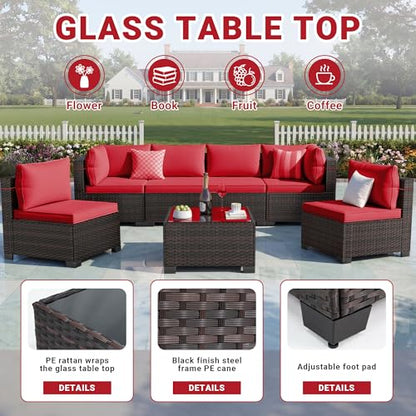 7-Piece Outdoor Patio Furniture Sets, Manual Weaving Rattan Conversation Sectional Sofa with Tempered Glass Coffee Table, All-Weather PE Wicker & Thick Cushions for Garden, Backyard, Porch