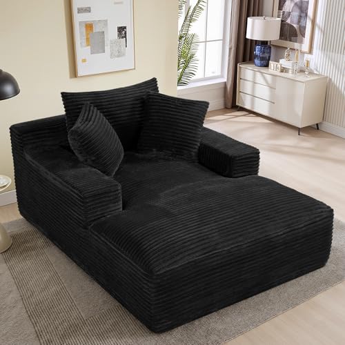 50"W x 68"D Oversized Chaise Lounge Chair Indoor Boneless Reading Chair Plush Corduroy Recliner Large Deep Seat Upholstered Sleeper Comfy Sofa Bed Couch with 3 Pillows for Living Room Bedroom, Black