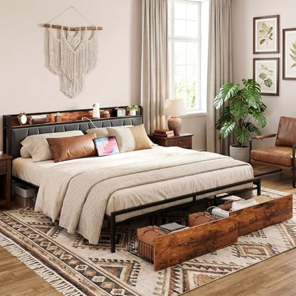 California King Size Bed Frame with 2 Drawers and Charging Station, view 4