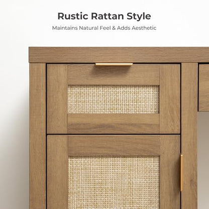 Rattan Vanity Home Office Desk 52" Vanity Table with 3 Drawers, view 4