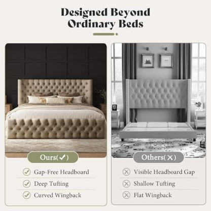Upholstered Bed Frame Wingback Headboard, Queen Size, Khaki, view 7