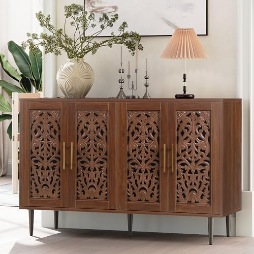 47.8" Accent Cabinet with 4 Doors, Vintage Hollow Carving Buffet Cabinet, Sideboards and Buffets with Storage, Credenza for Living Room, Kitchen, Dining Room, Entryway, Hallway, Brown