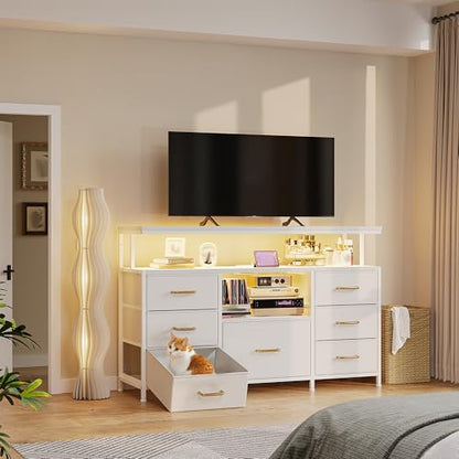 Dresser TV Stand for 55" TV, 7 Fabric Drawer Dressers and 2 Open Storage Shelves, White Dresser for Bedroom with LED Lights & Power Outlets, Closet, Entryway, Hallway, Dorm