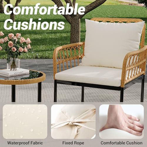 Wicker 3 Pieces Patio Bistro Sets Outdoor Conversation Sets with Glass Top Side Table and 2 Modern Rattan Chairs, Patio Furniture Set for Apartment, Backyard, Porch, Balcony, Lawn (Beige)