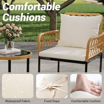Wicker 3 Pieces Patio Bistro Sets Outdoor Conversation Sets with Glass Top Side Table and 2 Modern Rattan Chairs, Patio Furniture Set for Apartment, Backyard, Porch, Balcony, Lawn (Beige)